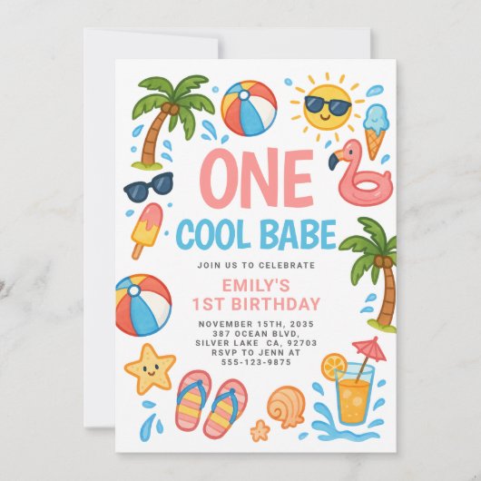 One Cool Babe Tropical 1e Verjaardagsfeest Kaart (Voorkant)