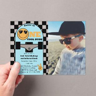 One Cool Dude 1e Verjaardag Skateboard Foto Acryl Uitnodigingen