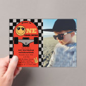 One Cool Dude 1st First Birthday Skateboard Photo Acryl Uitnodigingen (Insitu (Draagbaar))