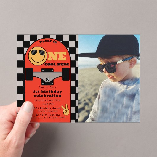 One Cool Dude 1st First Birthday Skateboard Photo Acryl Uitnodigingen (Insitu (Draagbaar))