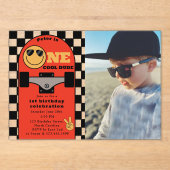 One Cool Dude 1st First Birthday Skateboard Photo Acryl Uitnodigingen (Voorkant)