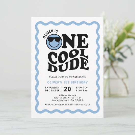 One Cool Dude Blue Happy Face Boy 1e verjaardag Kaart (Staand voorkant)