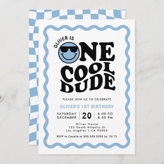 One Cool Dude Blue Happy Face Boy 1e verjaardag Kaart (Voorkant / Achterkant)