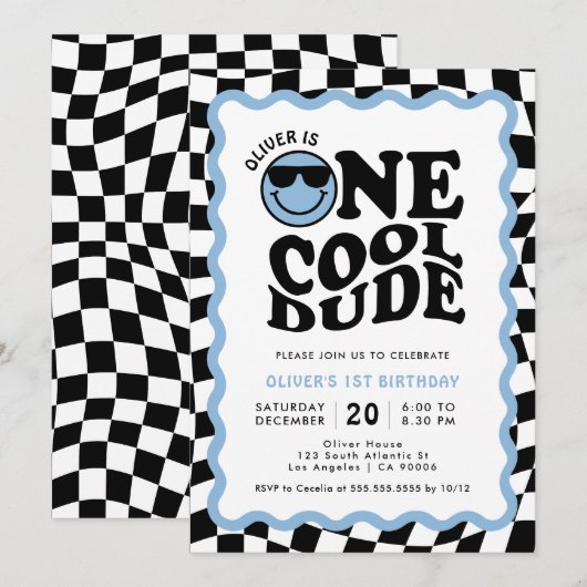 One Cool Dude Blue Smile Face Boy 1e verjaardag Kaart (Voorkant / Achterkant)