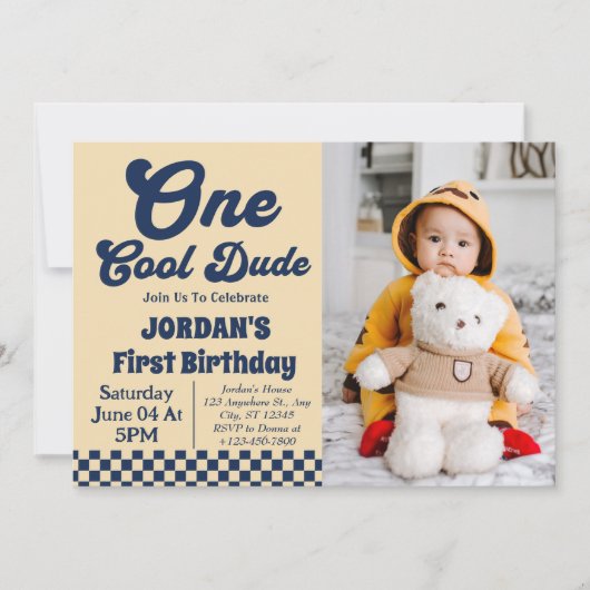One Cool Dude Boy 1e Verjaardag Foto uitnodiging (Voorkant)