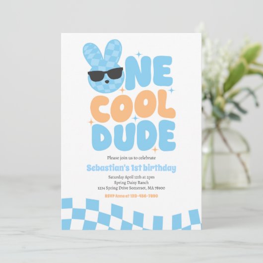 One Cool Dude Boy Spring Bunny 1e verjaardagsfeest Kaart (Staand voorkant)