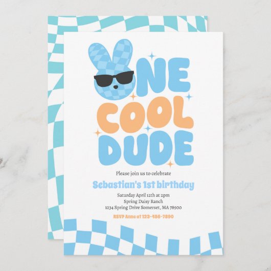 One Cool Dude Boy Spring Bunny 1e verjaardagsfeest Kaart (Voorkant / Achterkant)