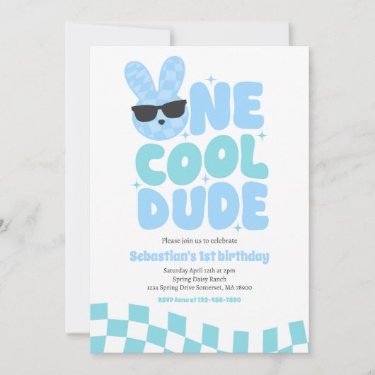One Cool Dude Boy Spring Bunny 1e verjaardagsfeest Kaart (Voorkant)