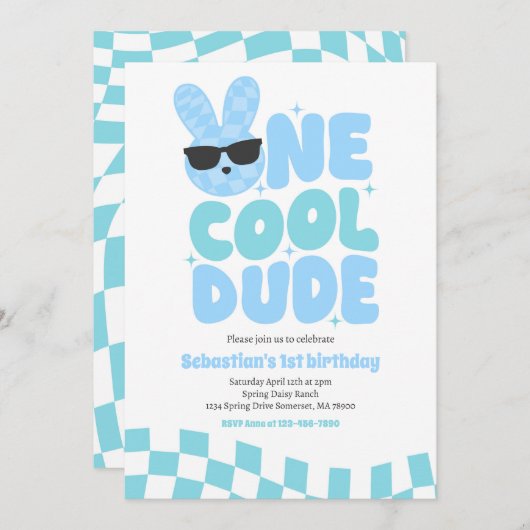 One Cool Dude Boy Spring Bunny 1e verjaardagsfeest Kaart (Voorkant / Achterkant)