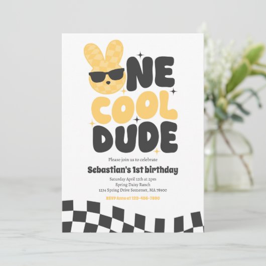 One Cool Dude Boy Spring Bunny 1e verjaardagsfeest Kaart (Staand voorkant)