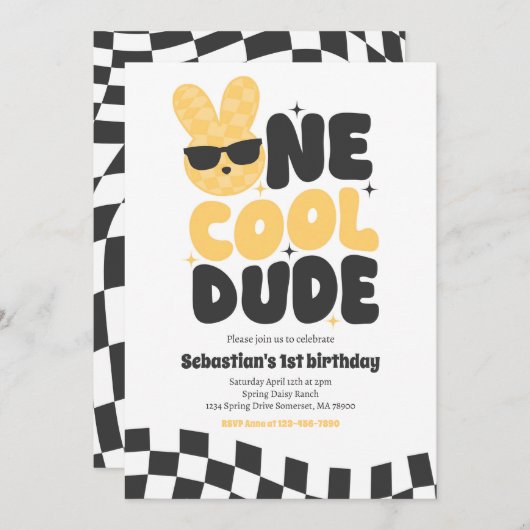 One Cool Dude Boy Spring Bunny 1e verjaardagsfeest Kaart (Voorkant / Achterkant)