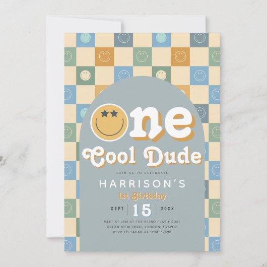One Cool Dude Boys Blue 1st Birthday Invitation Kaart (Voorkant)