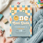 One Cool Dude Boys Retro 1e verjaardag Uitnodiging<br><div class="desc">Deze groovy jongens 1e verjaardag uitnodiging vangt retro jaren 70 vibes met een schattig blauw thema, en een pastel geruit patroon. Volledig aanpasbaar, het bevat ruimte voor uw feestdetails in een leuk script. Perfect voor een "One Cool Dude" boho verjaardag, dit speelse ontwerp voegt charme toe aan de speciale dag...</div>