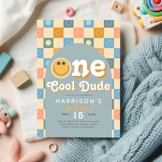 One Cool Dude Boys Retro 1e verjaardag Uitnodiging