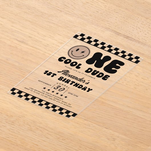 One Cool Dude eerste verjaardag acryl uitnodiging (Laagn)