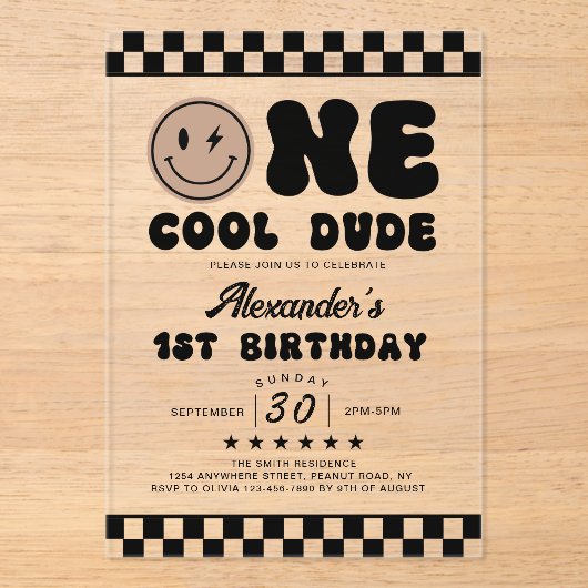 One Cool Dude eerste verjaardag acryl uitnodiging (Voorkant)