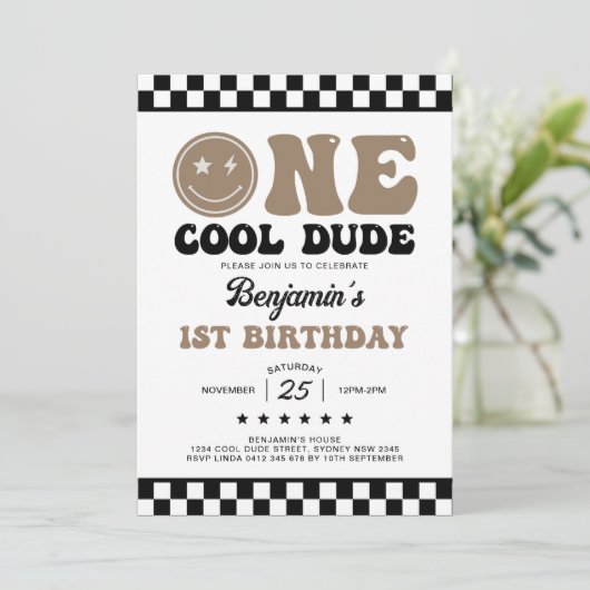 One Cool Dude Happy Face Boy 1e verjaardagsfeestje Kaart (Staand voorkant)