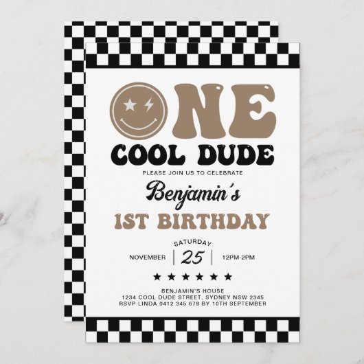 One Cool Dude Happy Face Boy 1e verjaardagsfeestje Kaart (Voorkant / Achterkant)