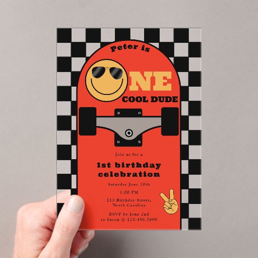 One Cool Dude Invite 1st First Birthday Skateboard Acryl Uitnodigingen (Insitu (Draagbaar))