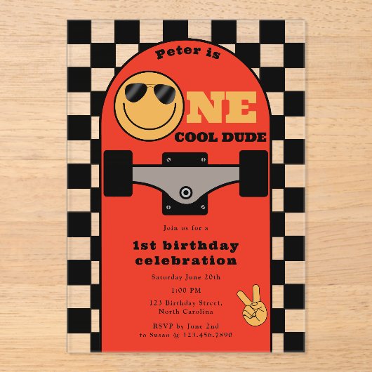One Cool Dude Invite 1st First Birthday Skateboard Acryl Uitnodigingen (Voorkant)
