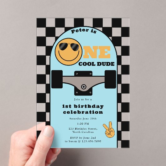 One Cool Dude Invite 1st First Birthday Skateboard Acryl Uitnodigingen (Insitu (Draagbaar))