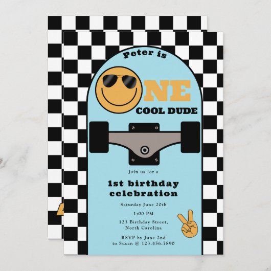 One Cool Dude Invite 1st First Birthday Skateboard Kaart (Voorkant / Achterkant)