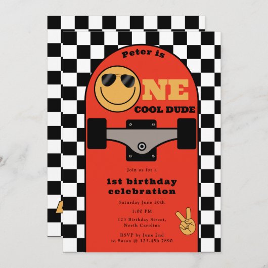 One Cool Dude Invite 1st First Birthday Skateboard Kaart (Voorkant / Achterkant)