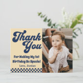 One Cool Dude Retro Boy 1e Verjaardagsfeestfoto Bedankkaart (Staand voorkant)