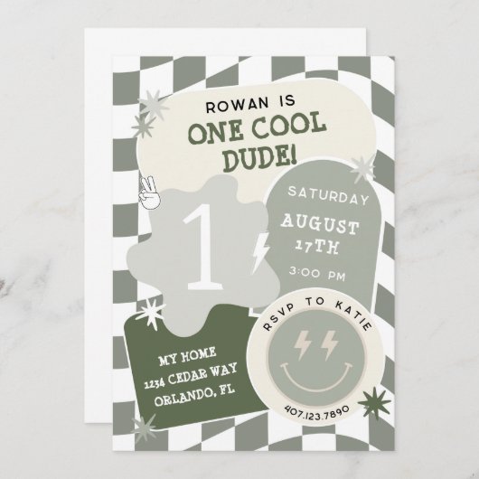 One Cool Dude Retro Checkerboard 1e verjaardag Kaart (Voorkant / Achterkant)