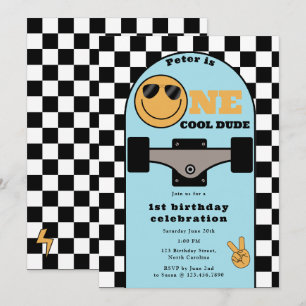 One Cool Dude Uitnodiging 1e Verjaardag Skateboard