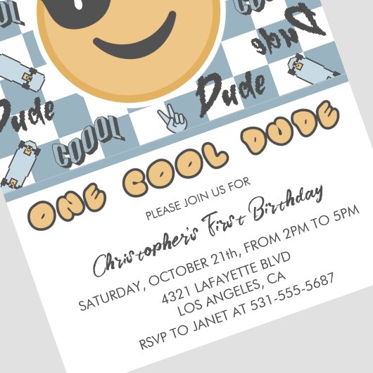 One Cool Dude Verjaardag Uitnodiging Blauw Grijs R