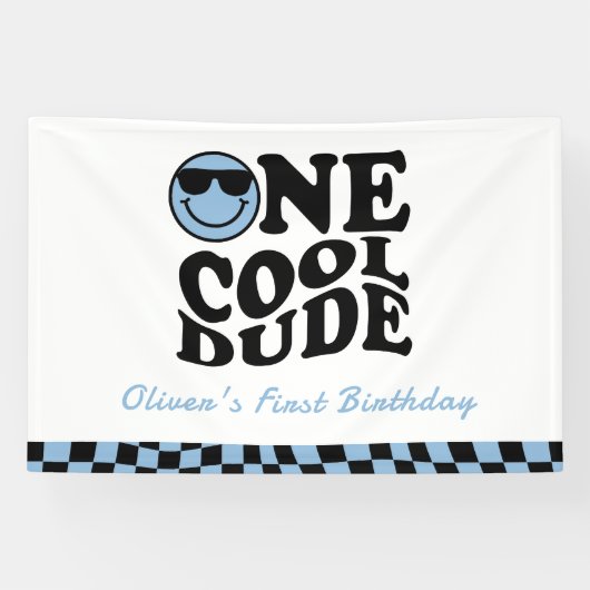 One Cool Dude Wavy Blue Smile Face 1e verjaardag Spandoek (Horizontaal)