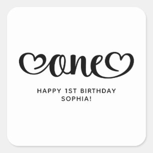 One Cute Hearts Script 1e Verjaardag Vierkante Sticker