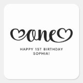 One Cute Hearts Script 1st Birthday Vierkante Sticker (Voorkant)