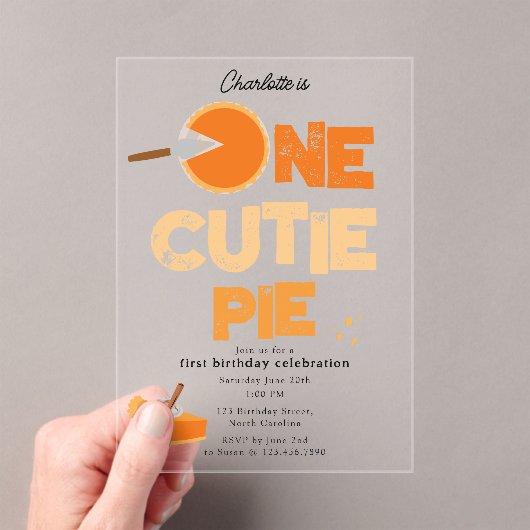 One Cutie Pie Invite 1st First Birthday Cute Acryl Uitnodigingen (Insitu (Draagbaar))