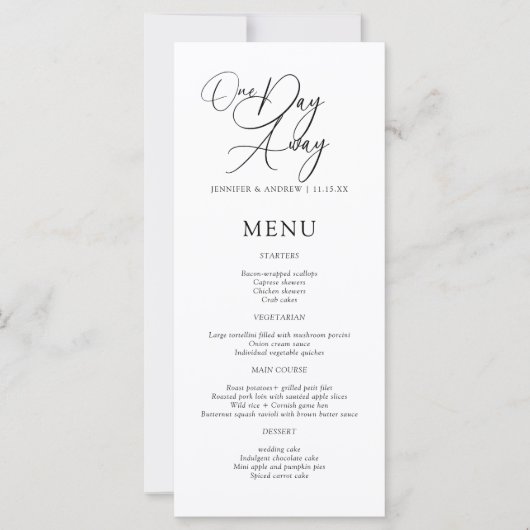 One Day Away Elegant Script Oefendiner Menu (Voorkant)