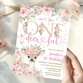 One-Deer-Ful 1st Birthday Girl Pink Invitation Kaart