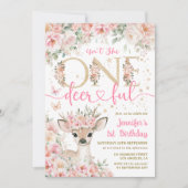 One-Deer-Ful 1st Birthday Girl Pink Invitation Kaart (Voorkant)
