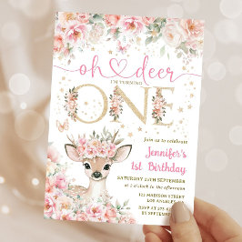One-Deer-Ful Birthday Girl Pink Gold Invitation Kaart
