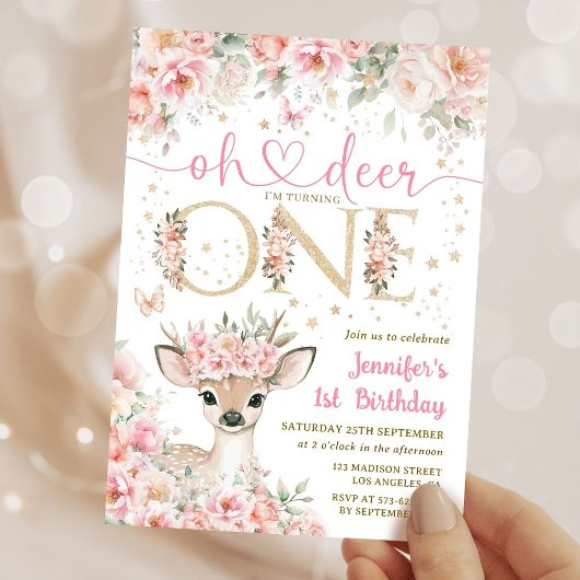 One-Deer-Ful Birthday Girl Pink Gold Invitation Kaart