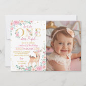 One-deerful roze bloemen verjaardag foto uitnodigi bedankkaart (Voorkant)