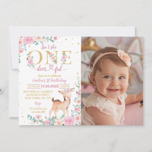 One-deerful roze bloemen verjaardag foto uitnodigi bedankkaart (Voorkant)