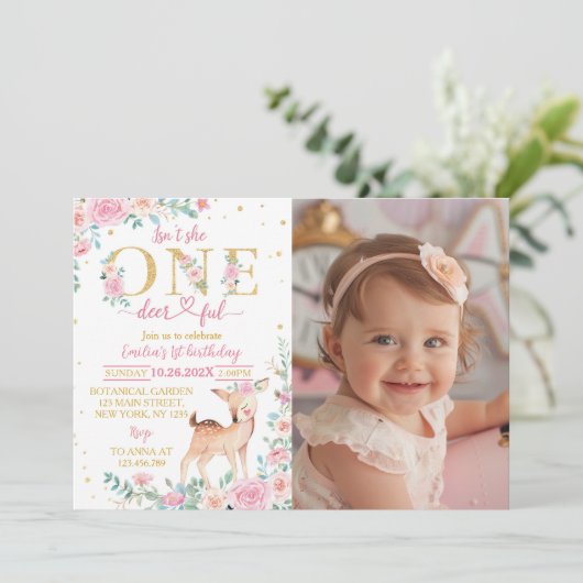 One-deerful roze bloemen verjaardag foto uitnodigi bedankkaart (Staand voorkant)