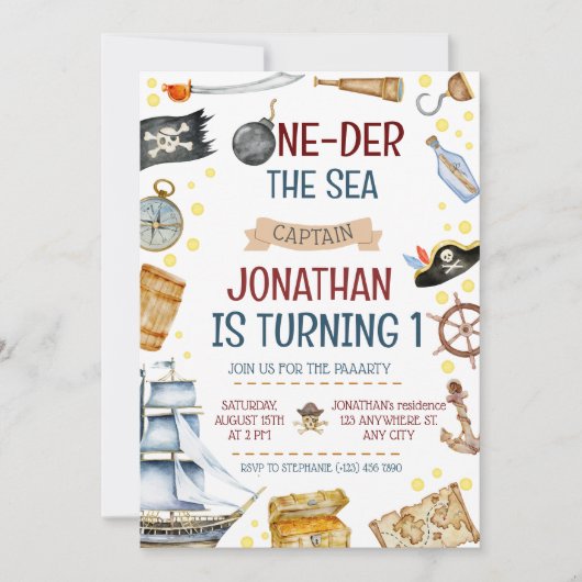 One-der Het Zee Piratenschip 1e Verjaardagsfeest Kaart (Voorkant)