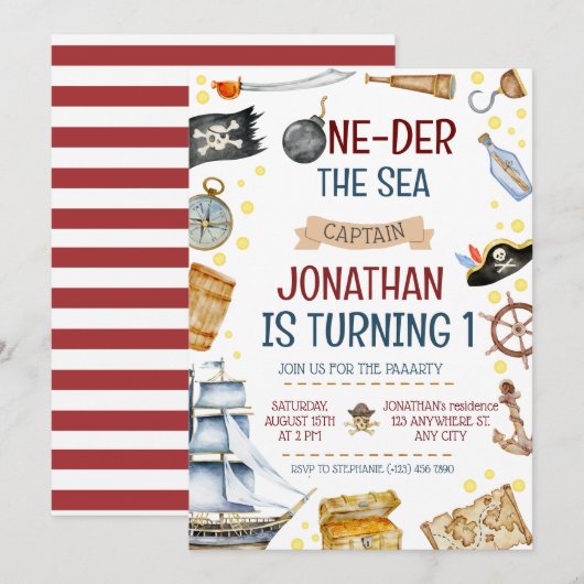 One-der Het Zee Piratenschip 1e Verjaardagsfeest Kaart (Voorkant / Achterkant)