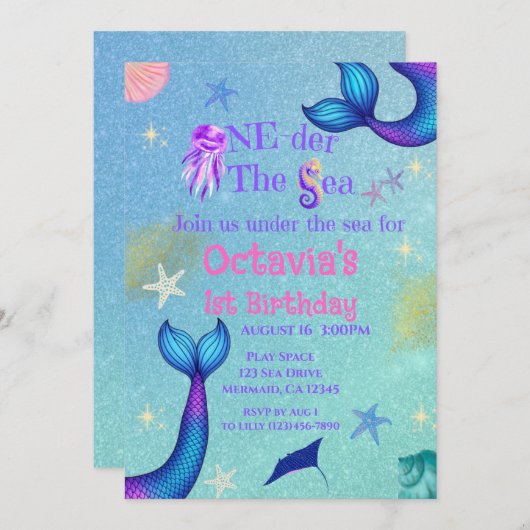 One-der het Zee Uitnodiging | Zeemeerminnenverjaar (Voorkant / Achterkant)