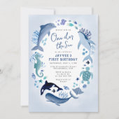 One-der the Zee Blue Ocean Animals Eerste Verjaard Kaart (Voorkant)