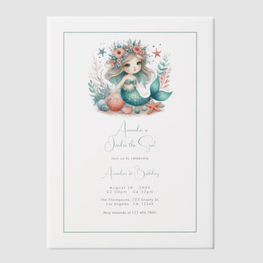 "One-der the Zee" Vellum Zeemeermin Eerste Verjaar Vellum Uitnodigingen (Voorkant)