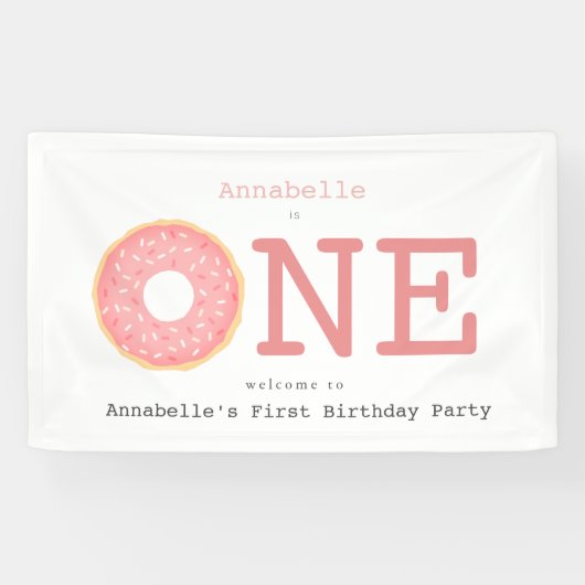 ONE Donut Pink Girl's eerste verjaardagsbanner Spandoek (Horizontaal)
