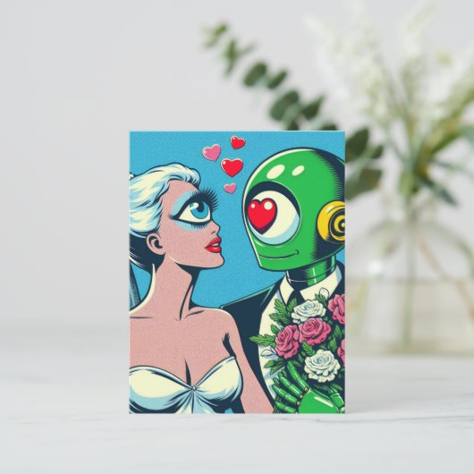 One Eyed Alien Woman en Green Robot zijn verliefd  Briefkaart (Staand voorkant)